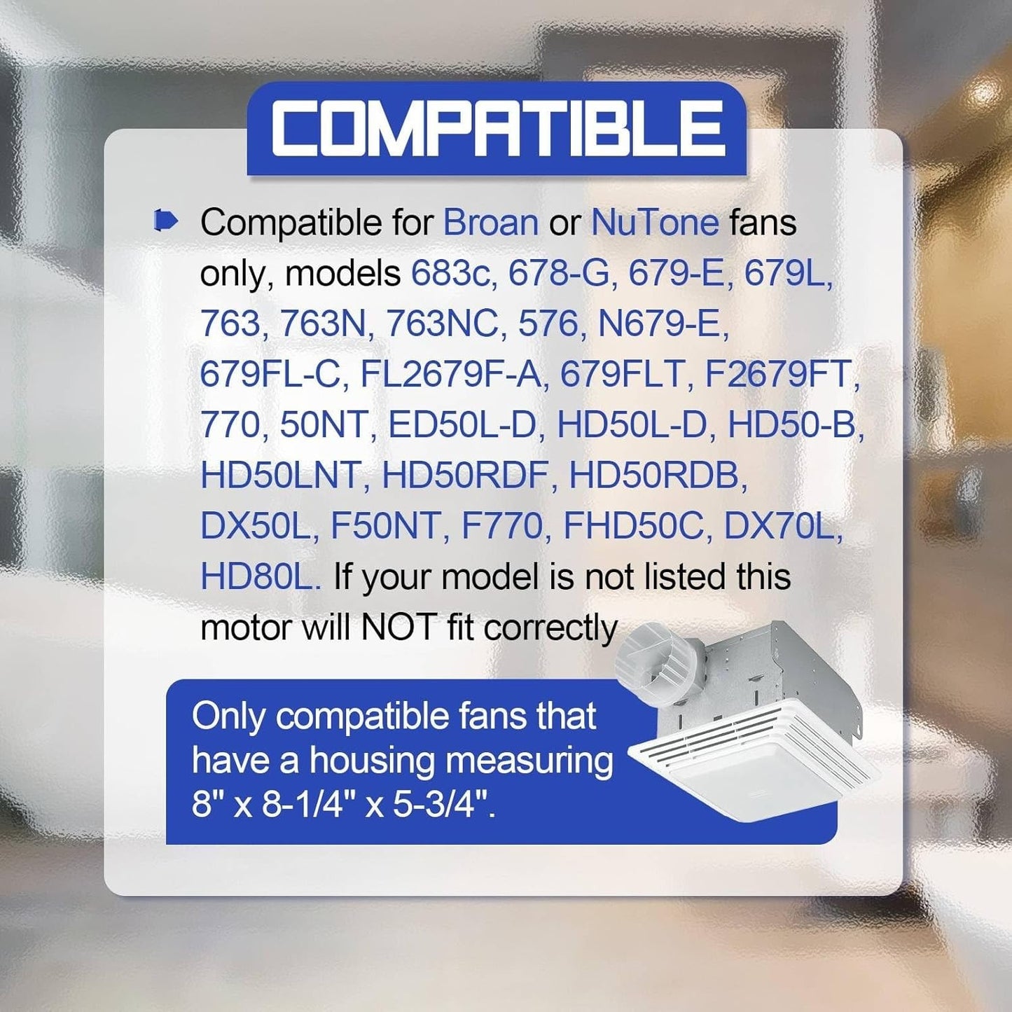 S97015162 Bathroom Exhaust Fan Motor Fits Broan/NuTone 110 CFM 8"x8¼"x5¾" Housin