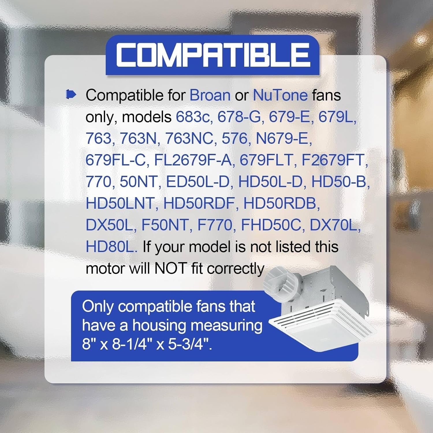 S97015162 Bathroom Exhaust Fan Motor Fits Broan/NuTone 110 CFM 8"x8¼"x5¾" Housin