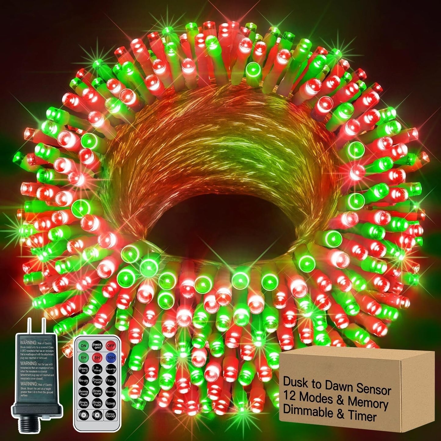 12 Modes Outdoor String Lights with Dusk to Dawn,174ft 500 LED Plug in Christ...