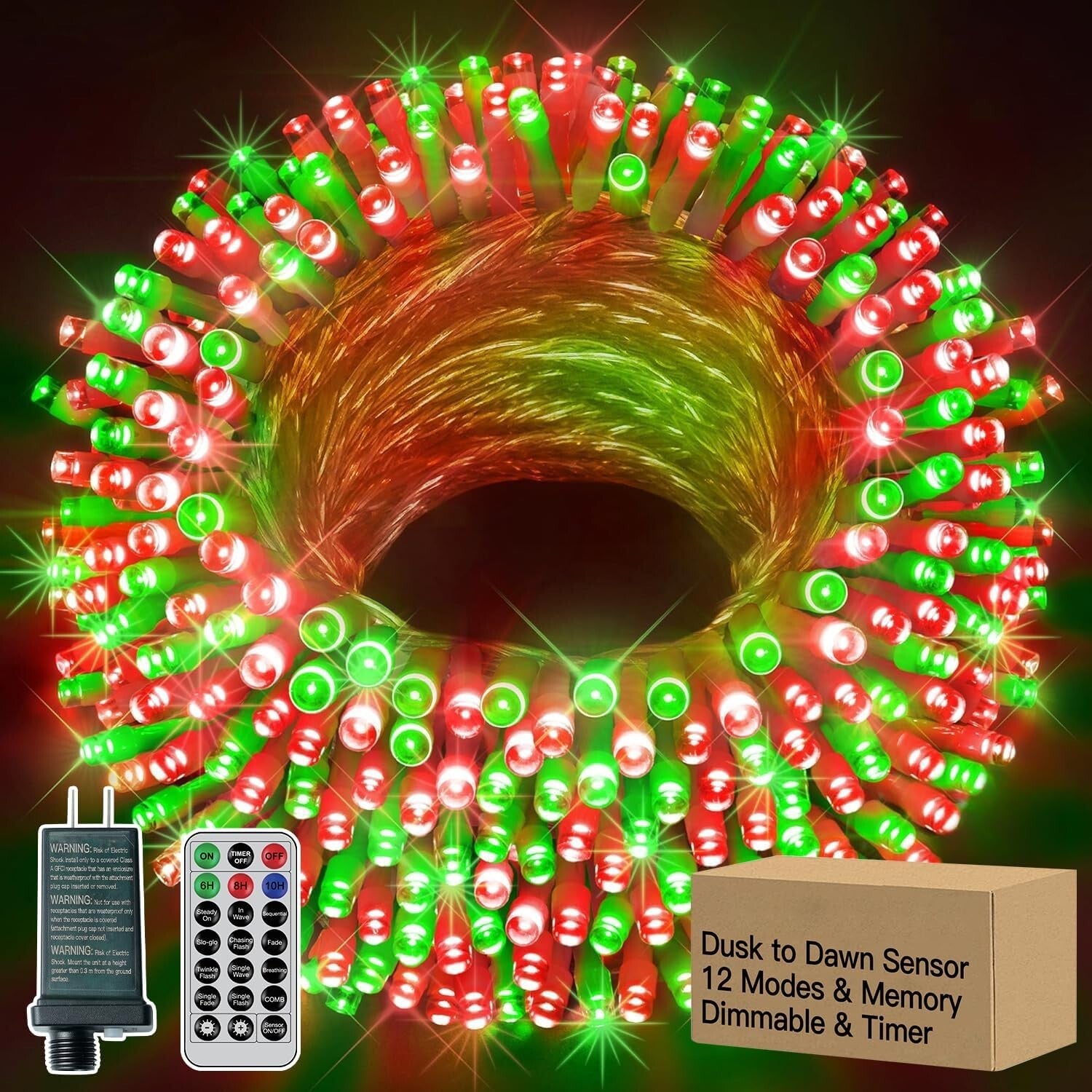 12 Modes Outdoor String Lights with Dusk to Dawn,174ft 500 LED Plug in Christ...