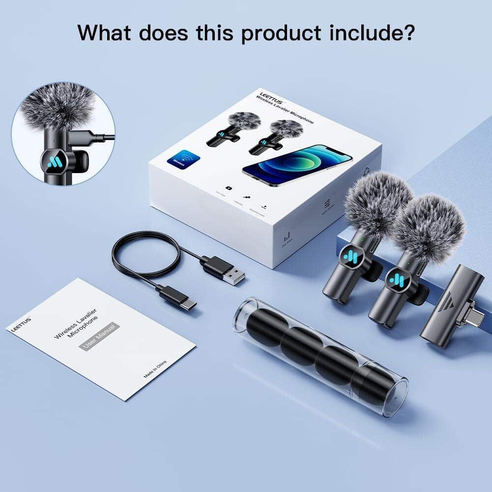 Leettus Black Interviews Vlog Short Video Wireless Lavalier Microphone 2pcs