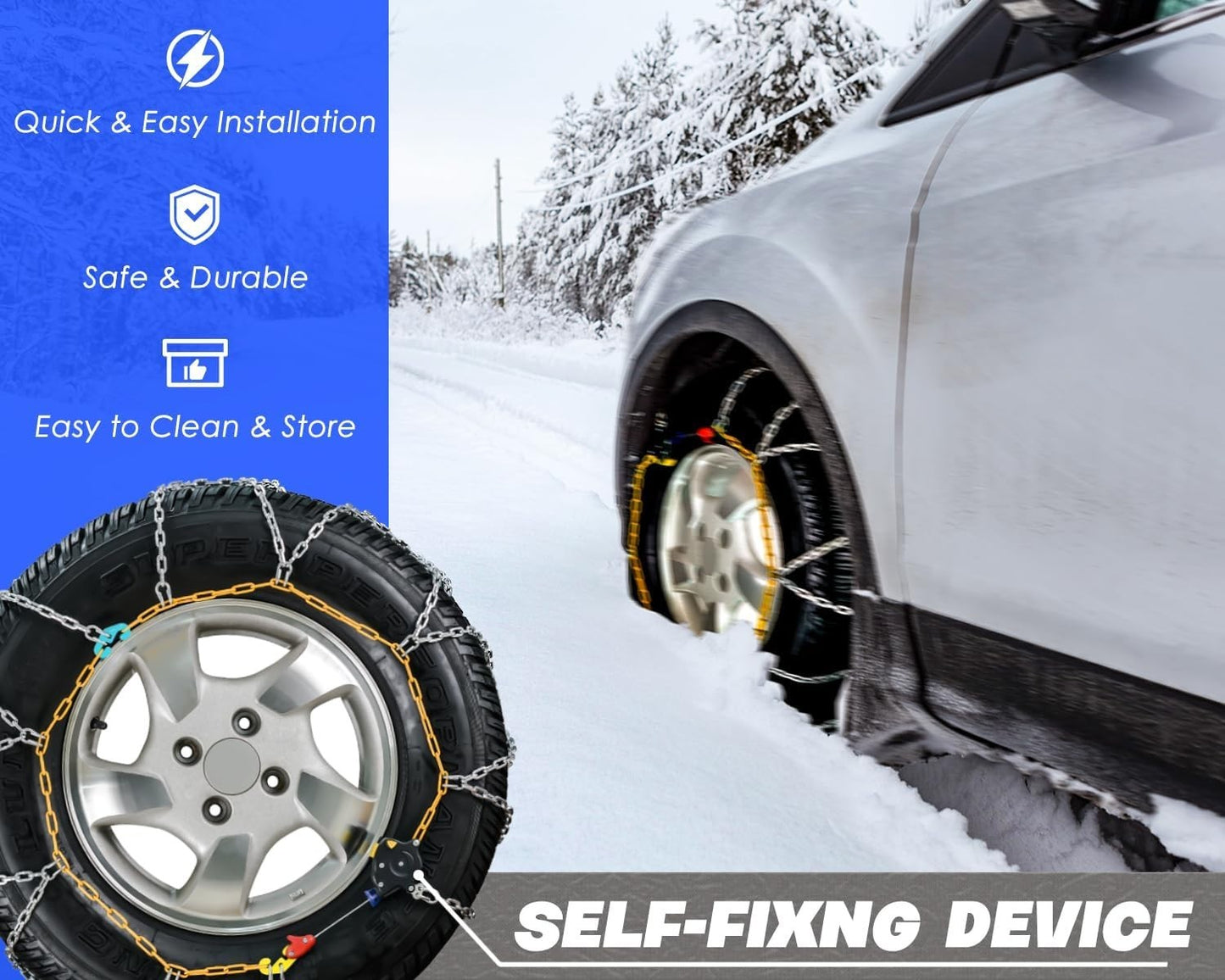 Auto Fixing Snow Tire Chains | 1-Min Quick Fit | AUVEBY | Cars SUVs Trucks | Set