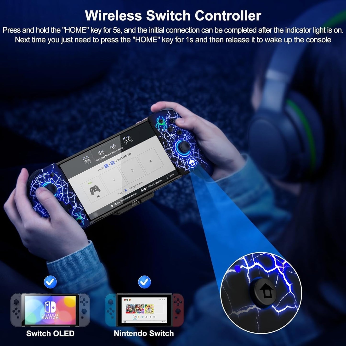 No-Drift Switch Controller Full-Size Grip Wireless Joypad w/ Lights Spider Silk
