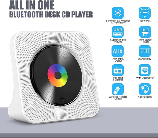CD Player Portable Bluetooth Desktop for Home - FM Radio/USB/AUX - White - New