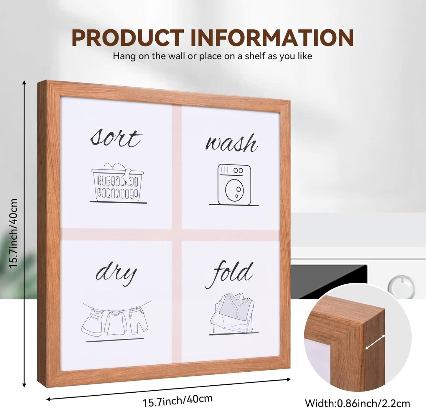 Laundry Room Sign Farmhouse Pictures Wall Art Decor 16×16in (Wood Color)