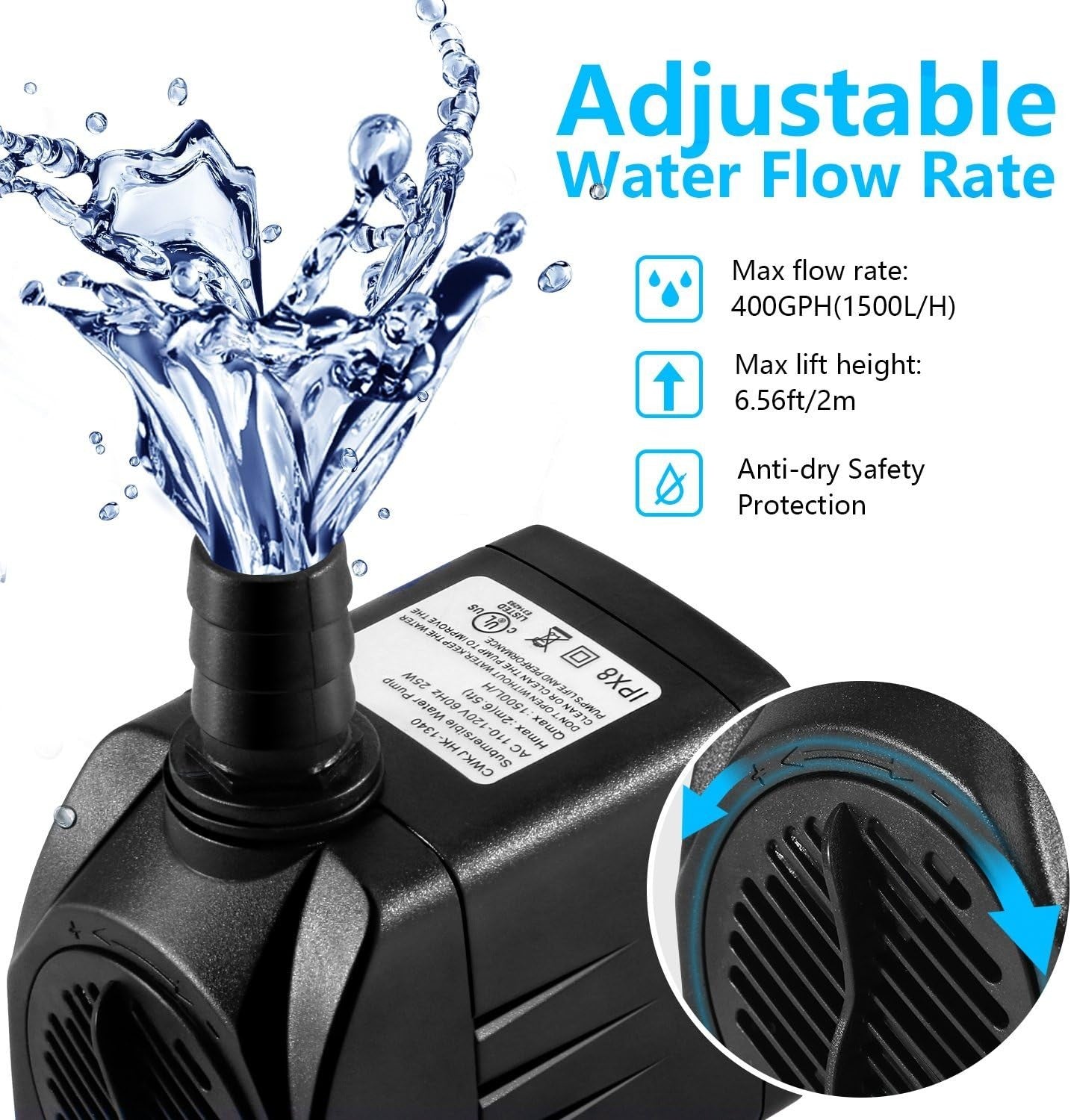 CWKJTOP 400GPH Submersible Water Pump 25W 6.5ft Lift w/ Tubing & Nozzles