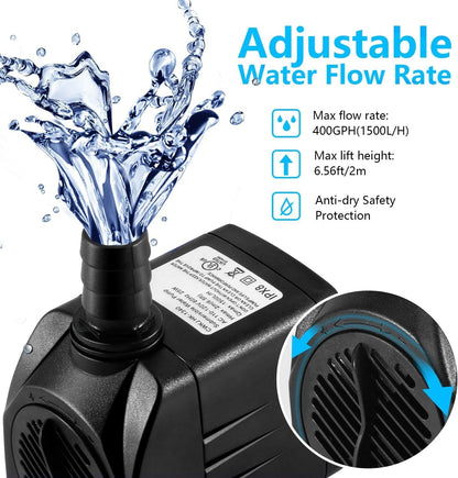 CWKJTOP 400GPH Submersible Water Pump 25W 6.5ft Lift w/ Tubing & Nozzles