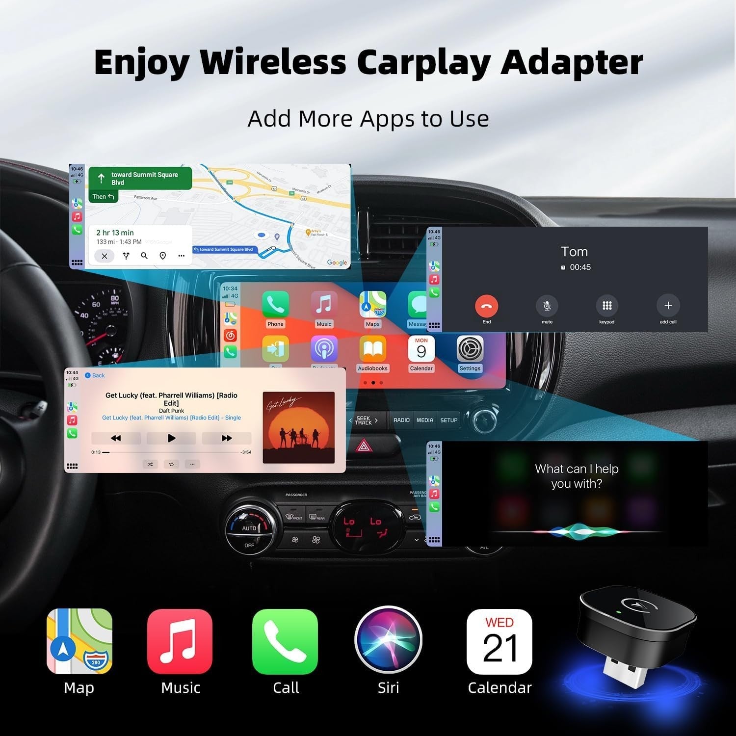 Wireless CarPlay Adapter Mini USB/Type C 5.8GHz Fast Connect for iPhone Black