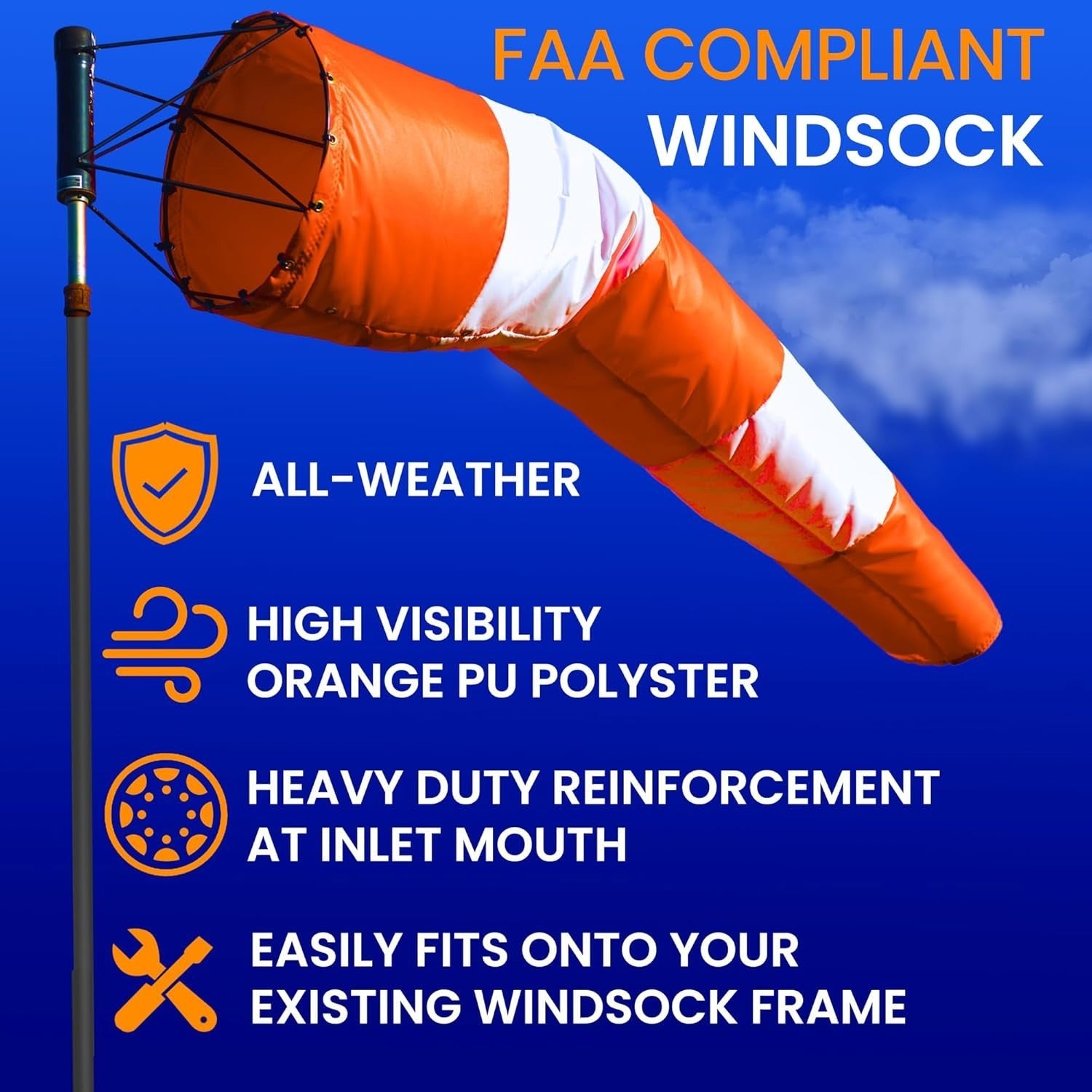 18"x96" FAA Compliant Airport Windsock – Orange/White – Heavy Duty – Sock Only