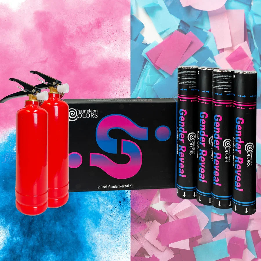 Gender Reveal Confetti Cannons & Extinguishers 2 Pink 2 Blue Set Party Baby