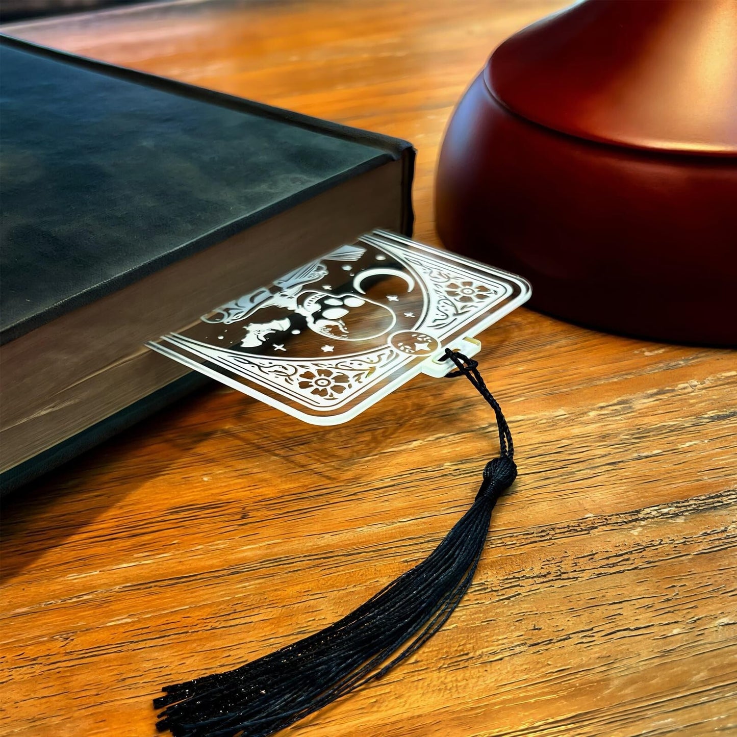 The Reader - Skeleton Tarot Card Bookmark with Tassel -Acrylic Gothic Book Acc..