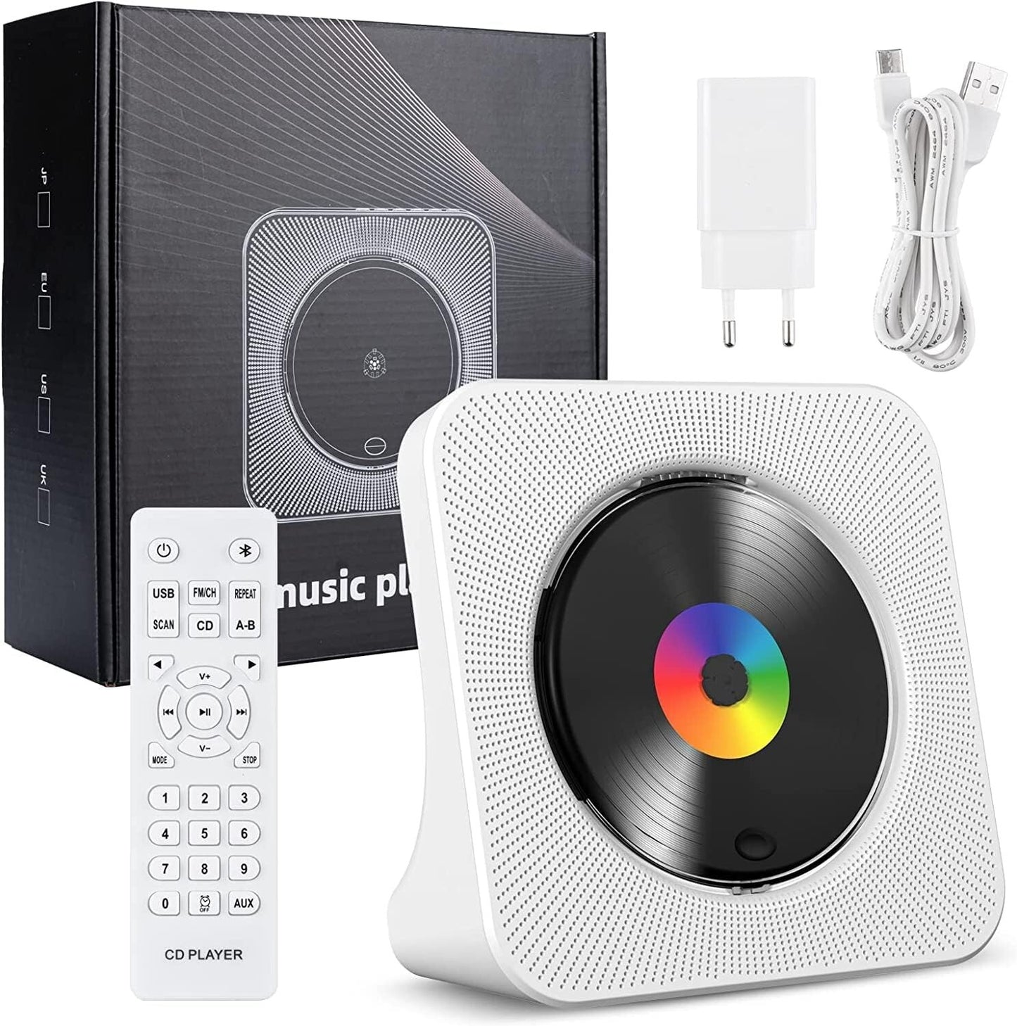 CD Player Portable Bluetooth Desktop for Home - FM Radio/USB/AUX - White - New