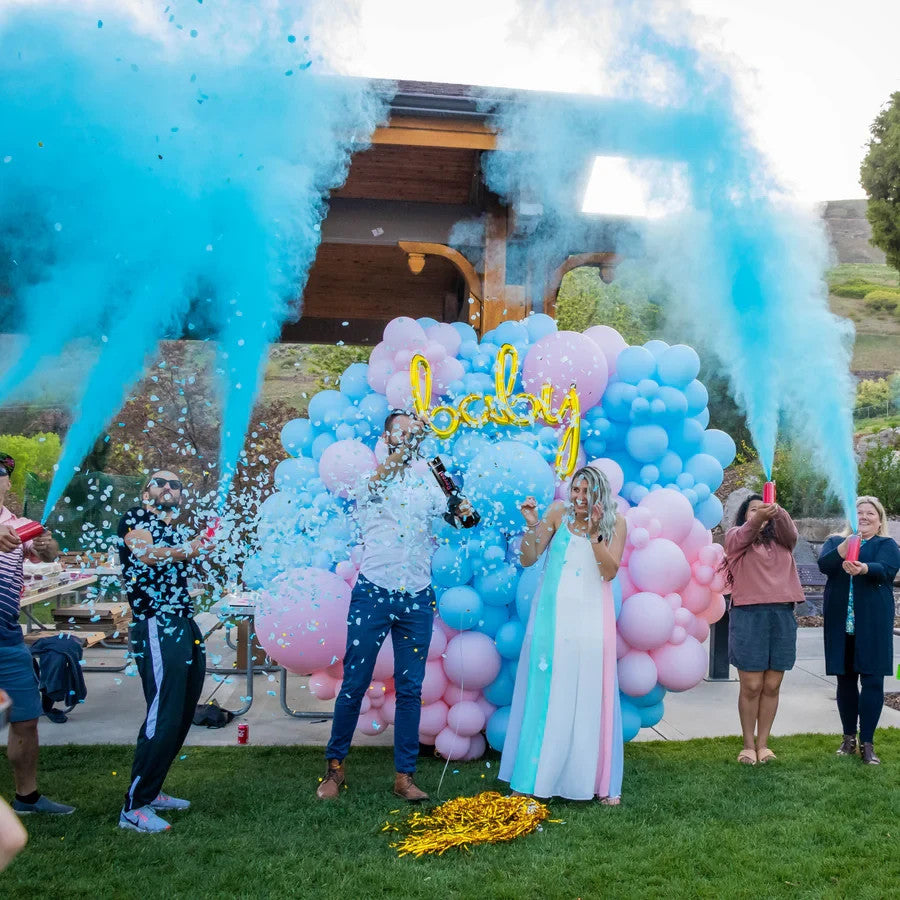 Gender Reveal Confetti Cannons & Extinguishers 2 Pink 2 Blue Set Party Baby