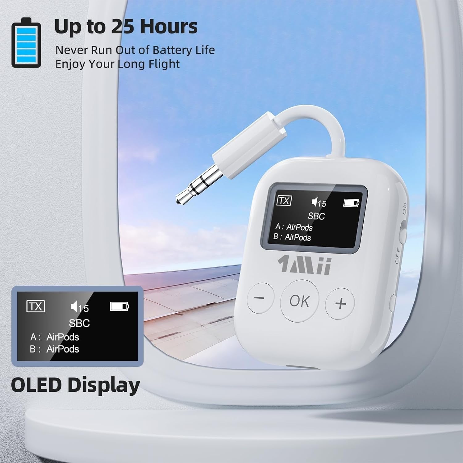 1Mii Bluetooth Transmitter - Low Latency Wireless Audio Aux for Headphone -White