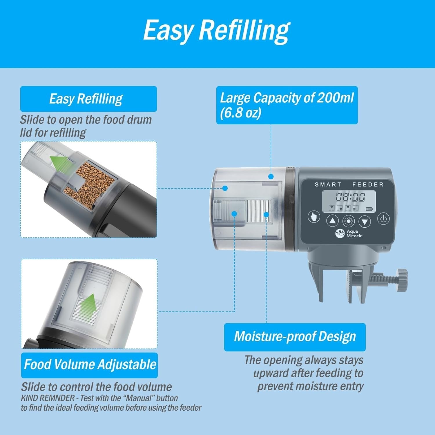 AquaMiracle Automatic Fish Feeder Programmable Timer Adjustable 200ml Drum