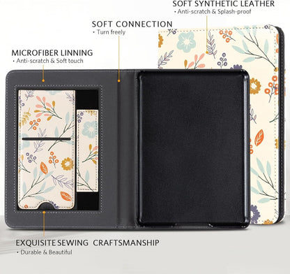 Case for Kindle - Flower Leather Cover w/ Auto Sleep Wake, Hand Strap, Card Slot