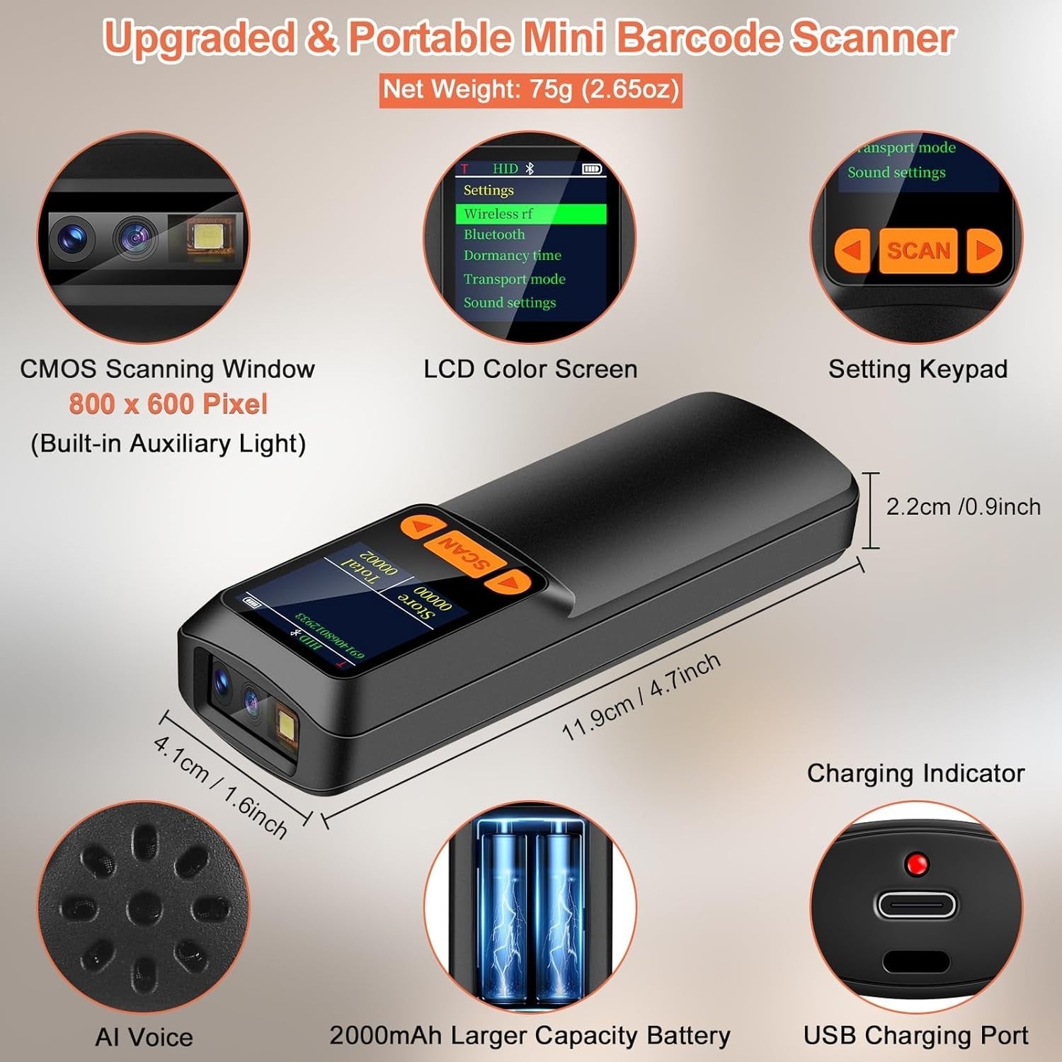 KUIIYER Portable Mini Barcode Scanner Bluetooth 2D QR 1D, LCD & AI Voice for POS