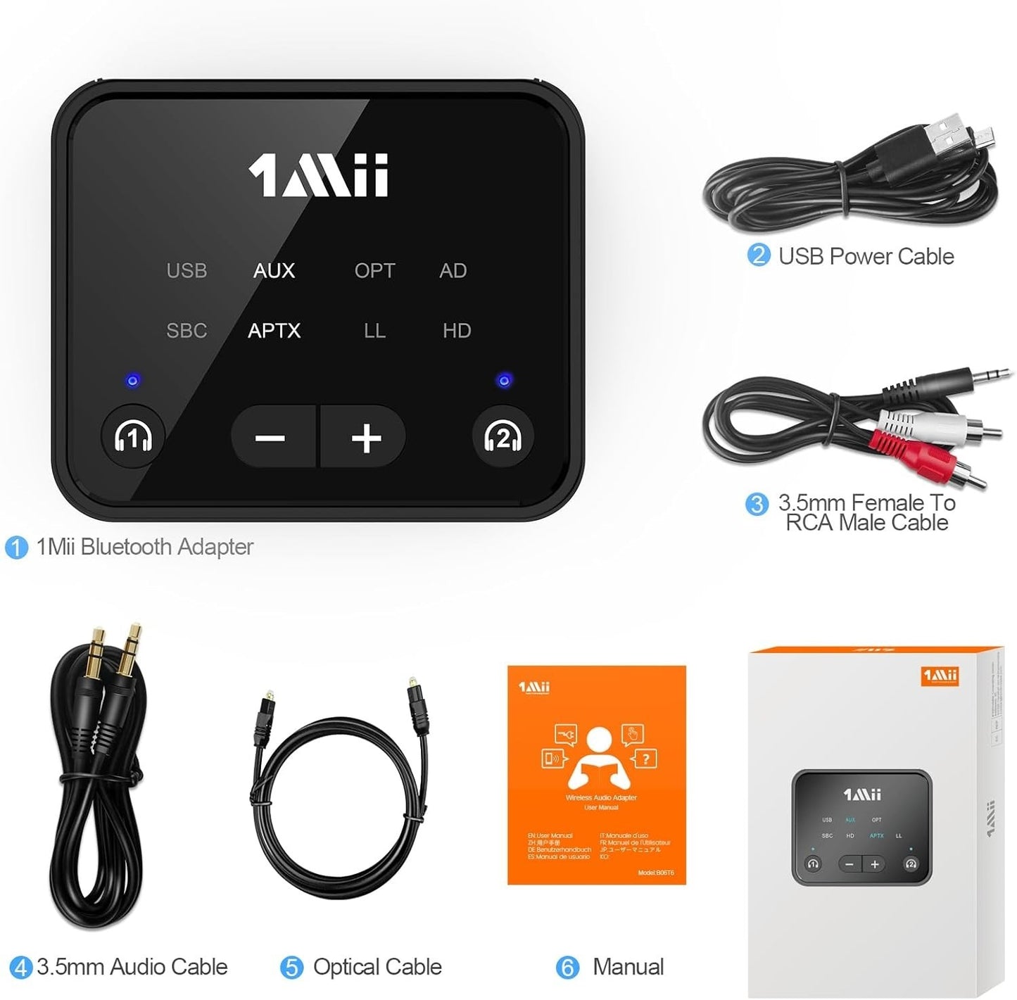 1Mii B06T6 Bluetooth 5.3 TV Transmitter – Dual Headphone Adapter, 100ft Range