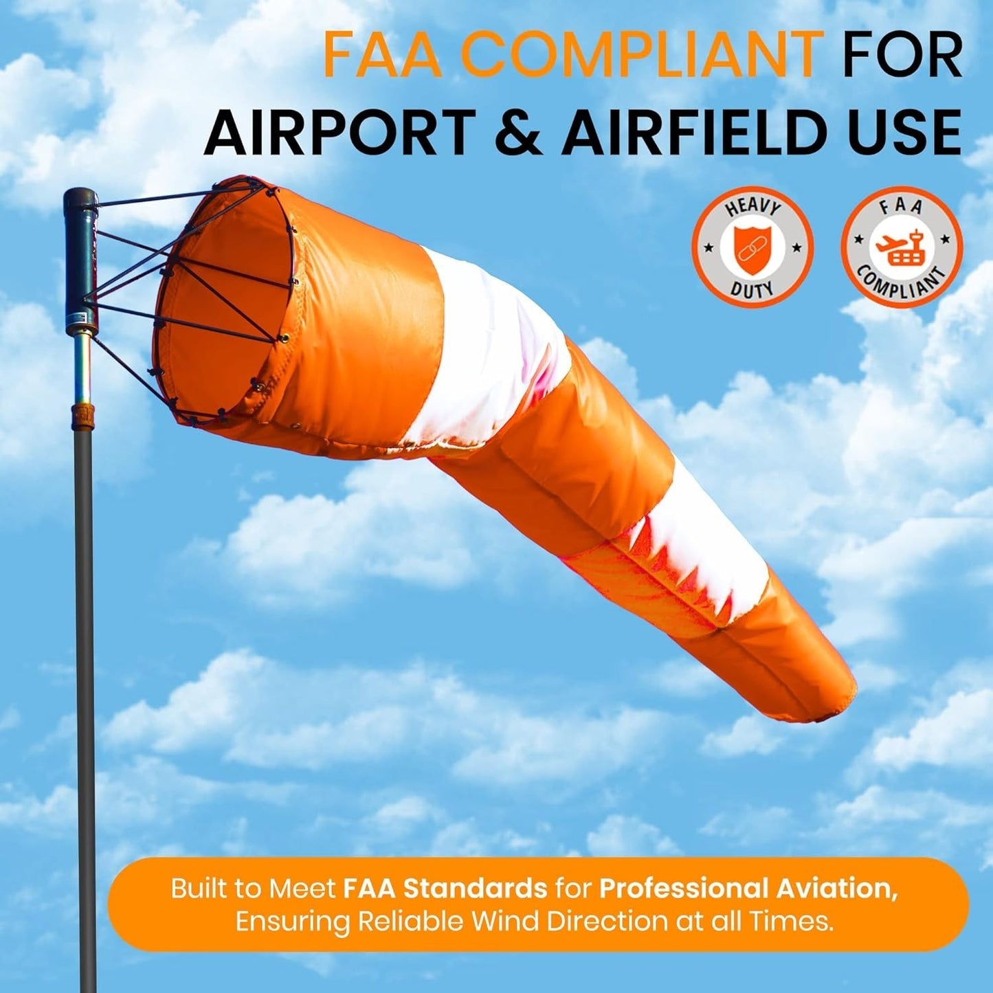 18"x96" FAA Compliant Airport Windsock – Orange/White – Heavy Duty – Sock Only