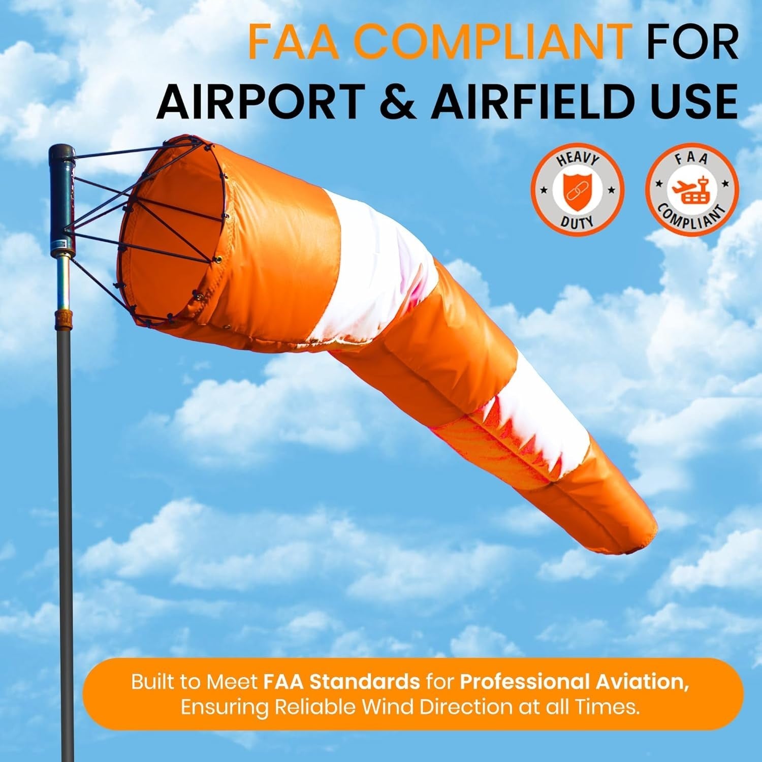 18"x96" FAA Compliant Airport Windsock – Orange/White – Heavy Duty – Sock Only