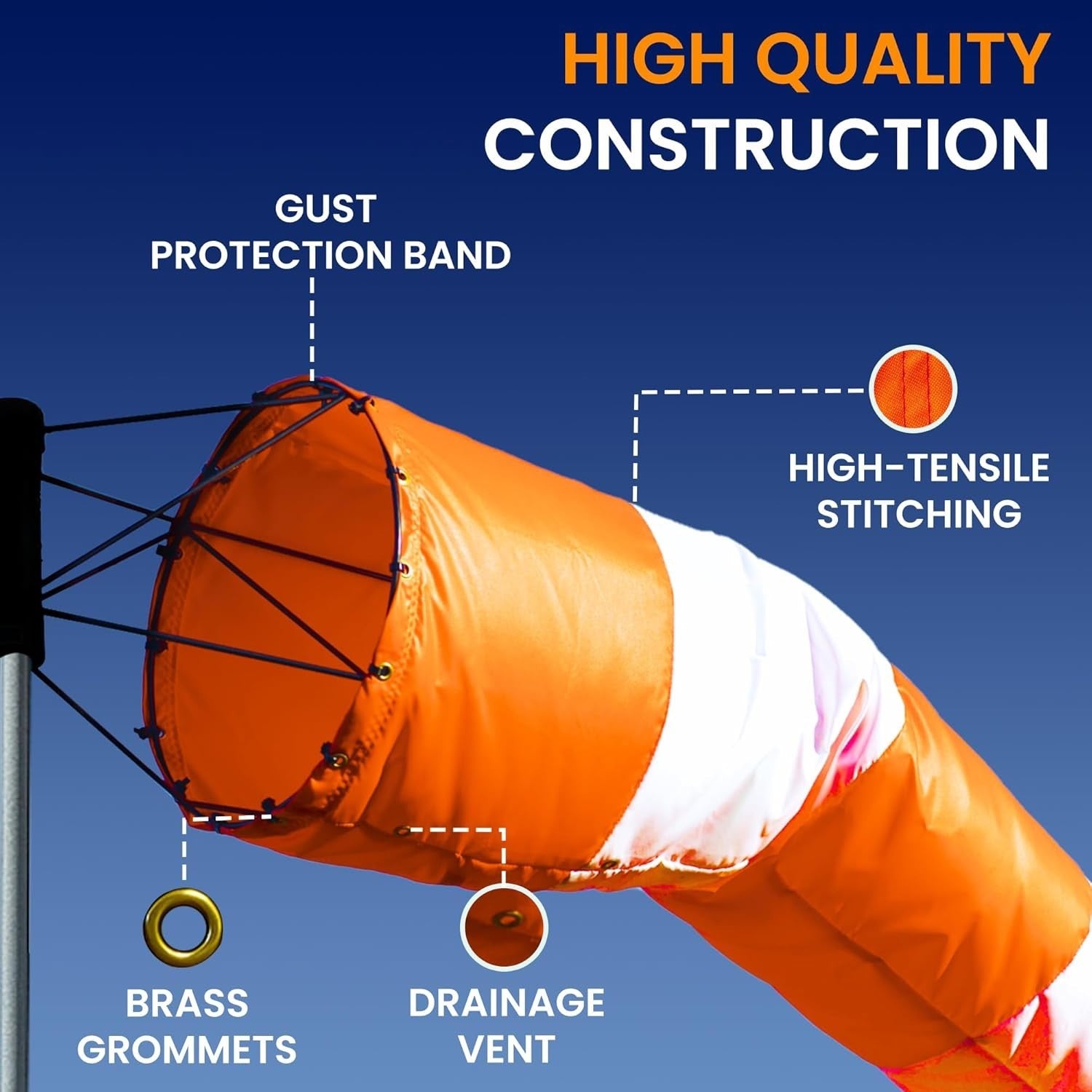18"x96" FAA Compliant Airport Windsock – Orange/White – Heavy Duty – Sock Only