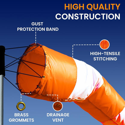 18"x96" FAA Compliant Airport Windsock – Orange/White – Heavy Duty – Sock Only