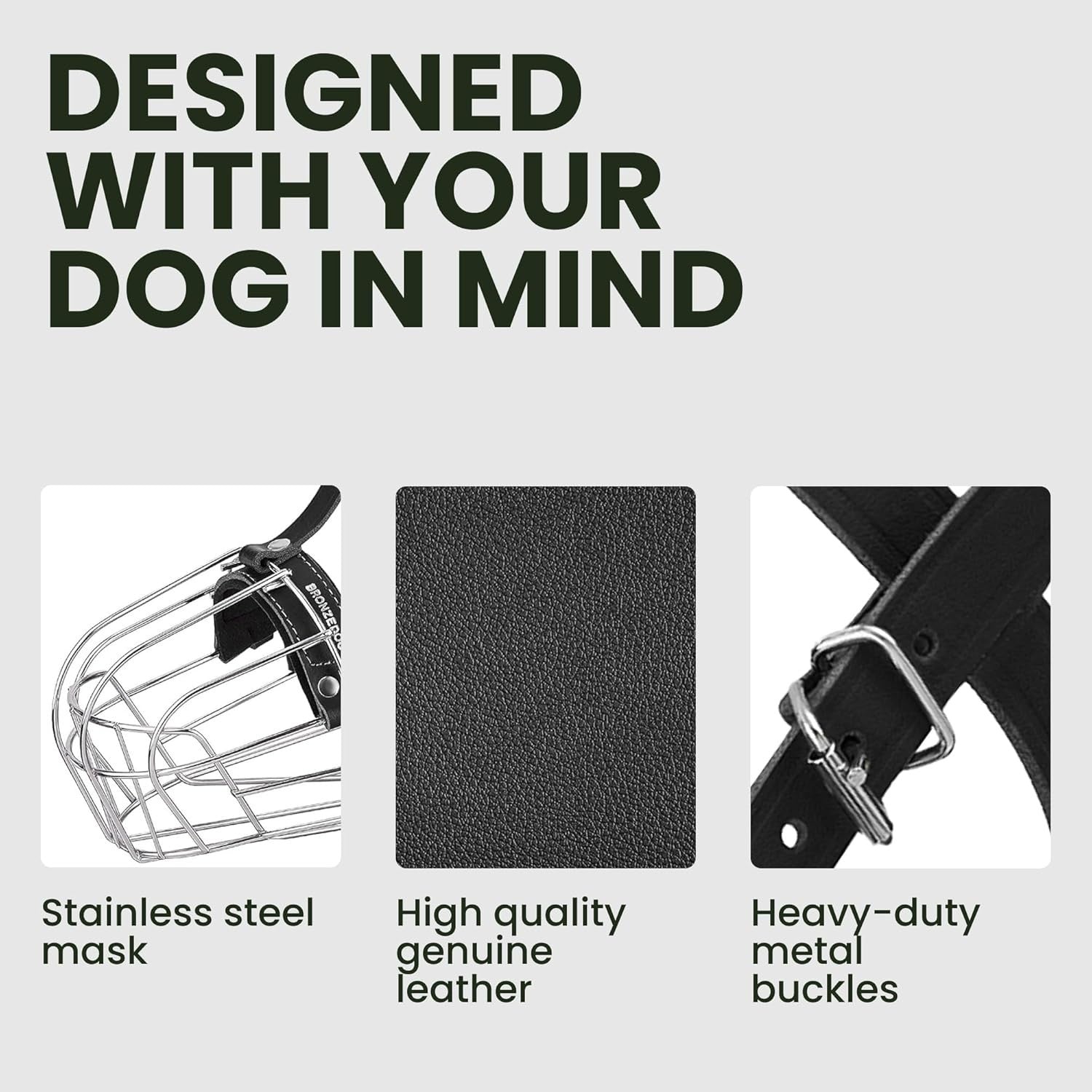 BRONZEDOG Steel Dog Muzzle for Rottweiler – Large Metal Basket w/ Leather Straps
