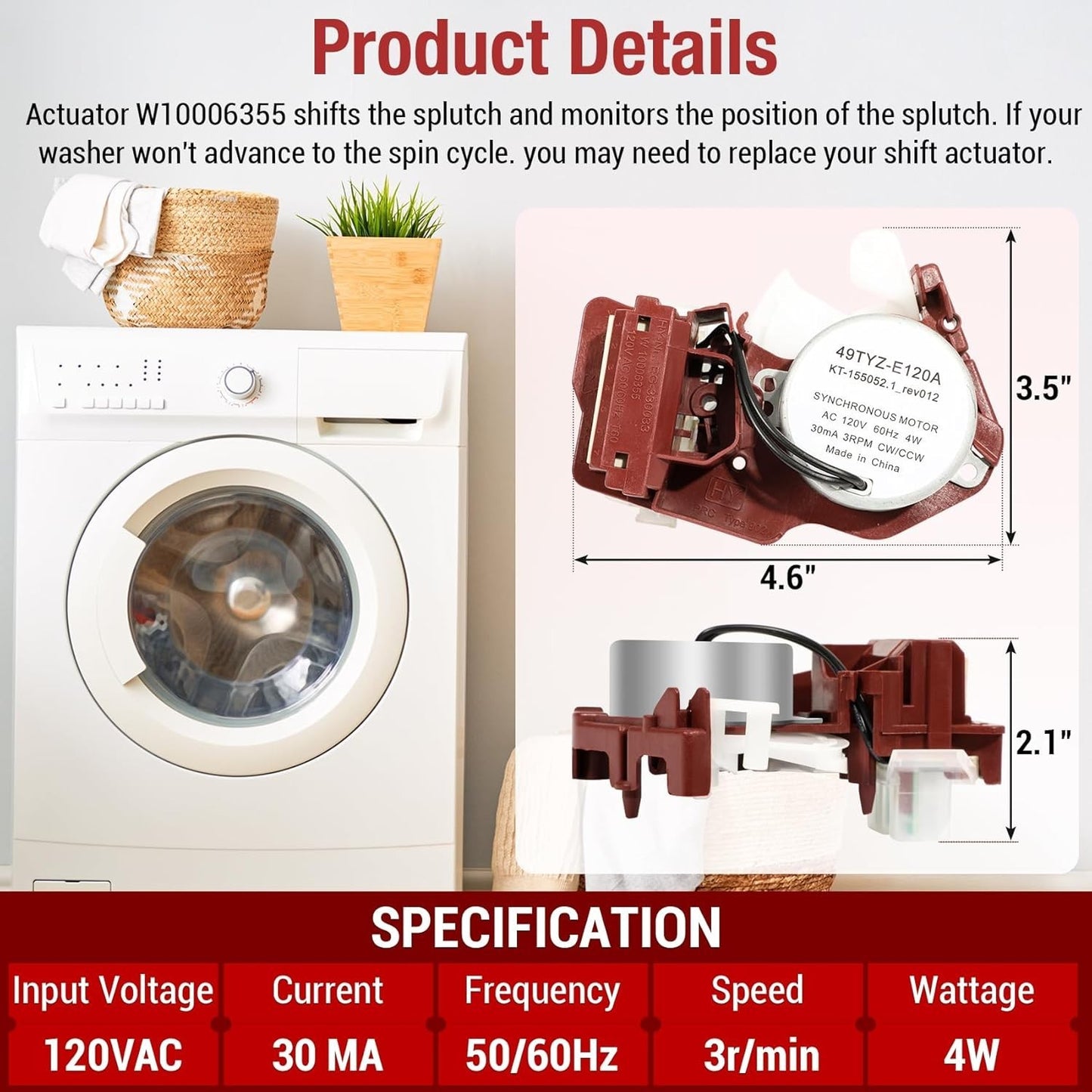 W10006355 Washer Shift Actuator Compatible with Whirlpool, Maytag, Kenmore Washi