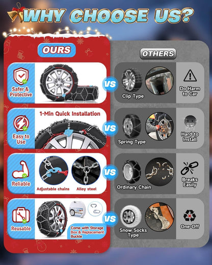 Snow Tire Chains Auto Fixing Quick Install 1 Min Universal Car SUV Set of 2