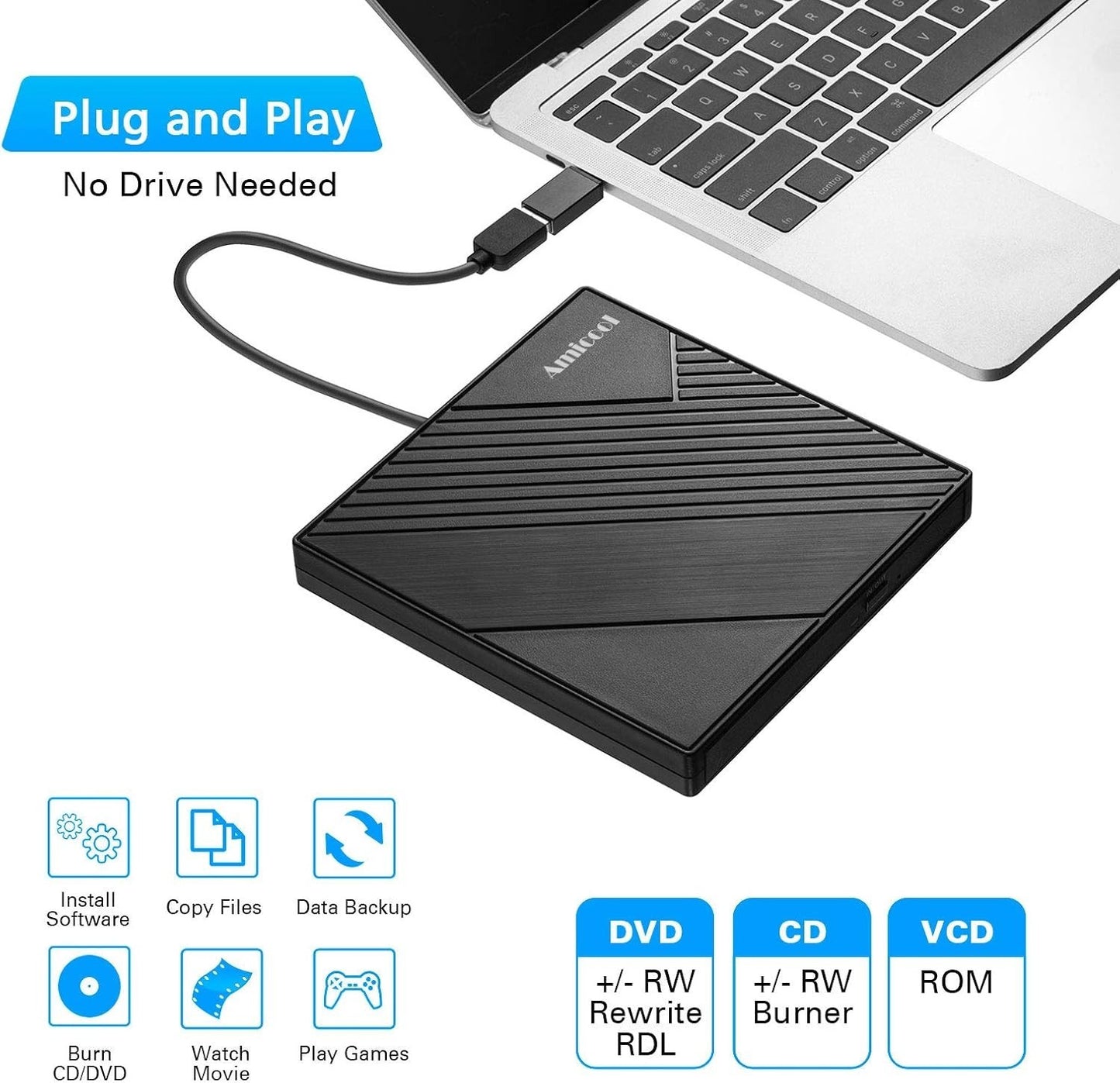 Amicool External DVD Drive USB 3.0 USB-C Portable CD DVD RW Burner Reader Black
