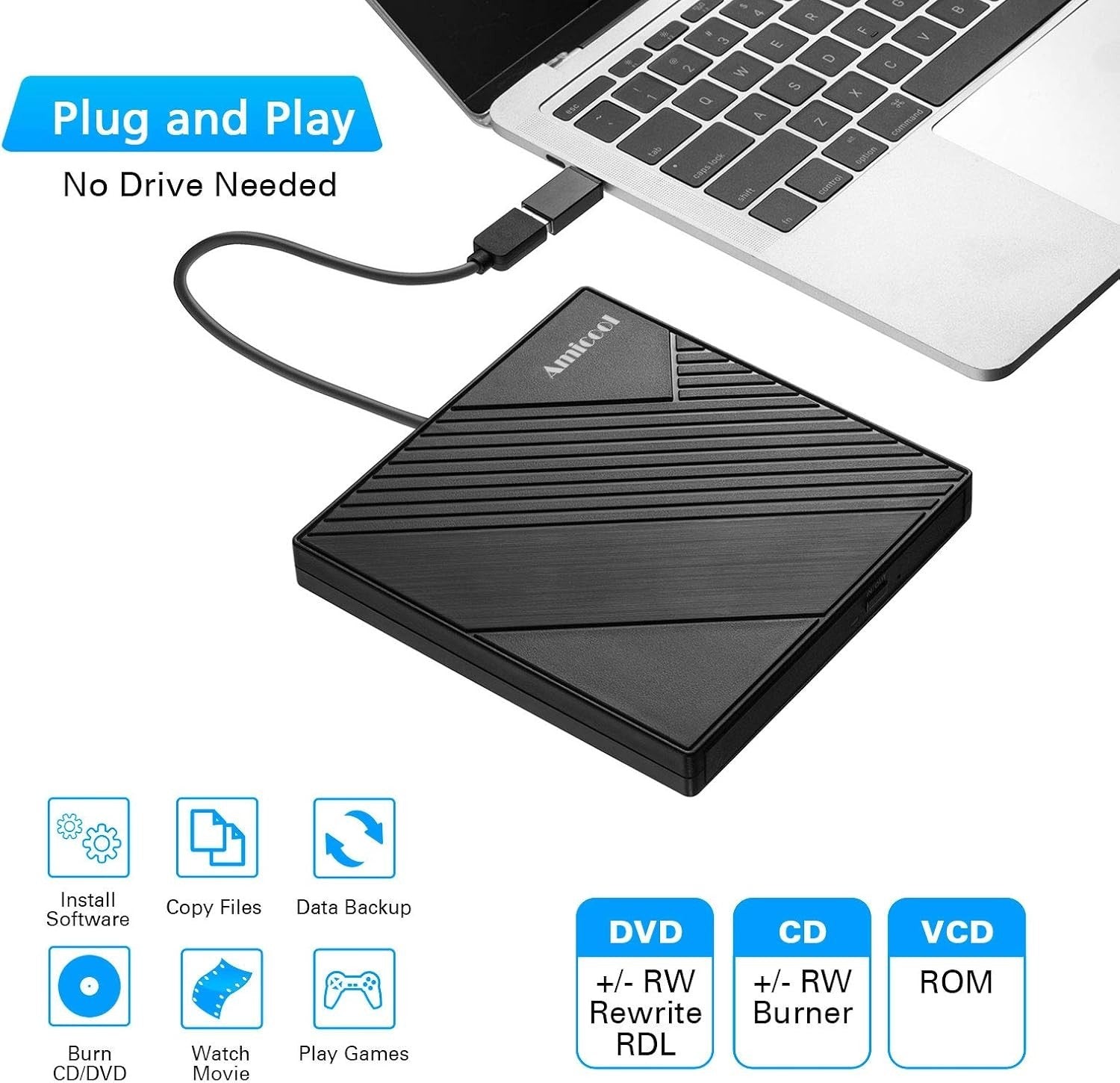 Amicool External DVD Drive USB 3.0 USB-C Portable CD DVD RW Burner Reader Black