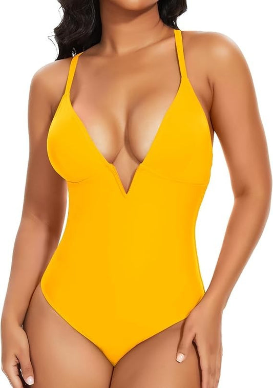 One Piece Deep V Neck Spaghetti Strap Push Up Swim Monokini Plus Size Yellow XL