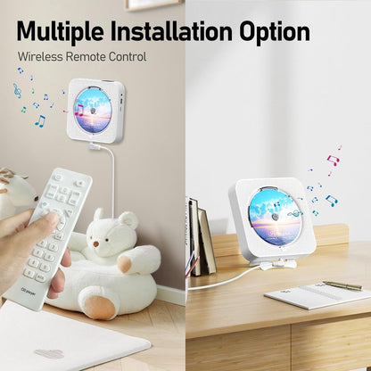 MICOCIOUS Bluetooth CD Player Portable Home Wall Mount FM USB Remote White