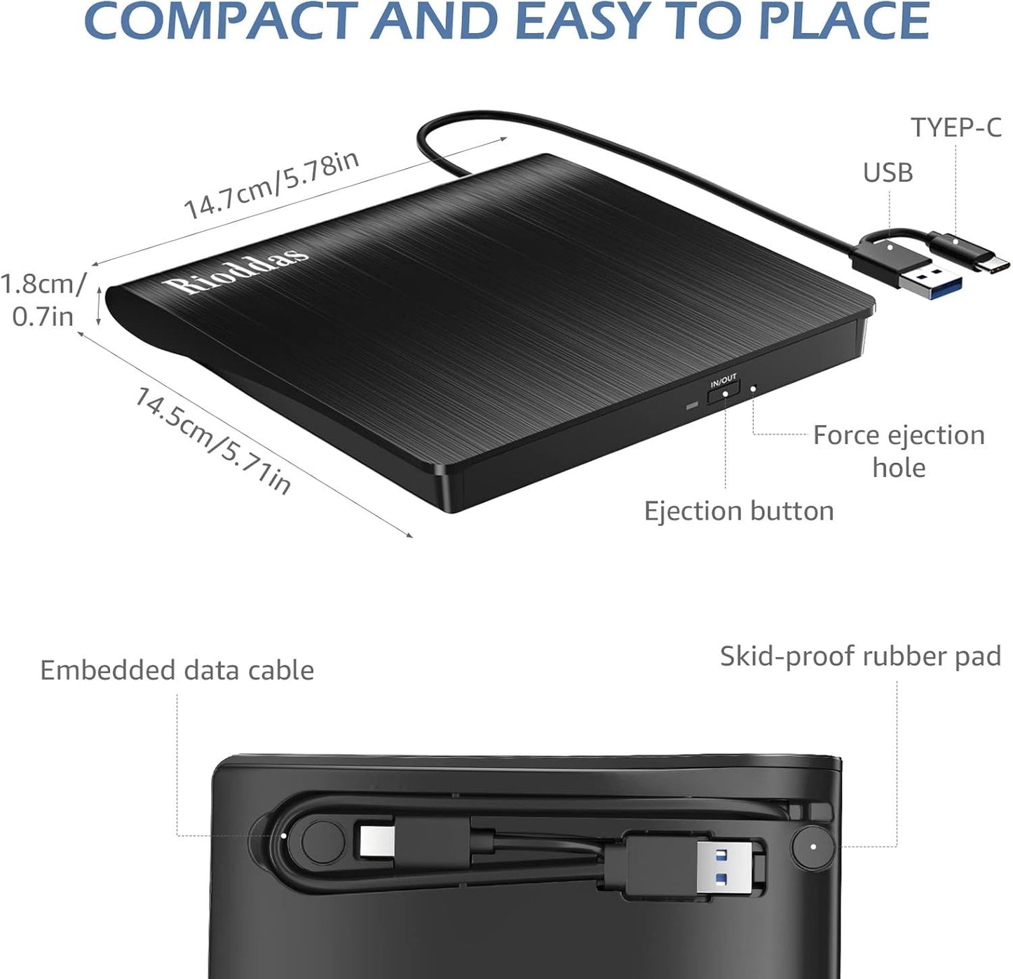 Rioddas External DVD Drive USB 3.0 Type C Portable CD DVD RW Burner Reader