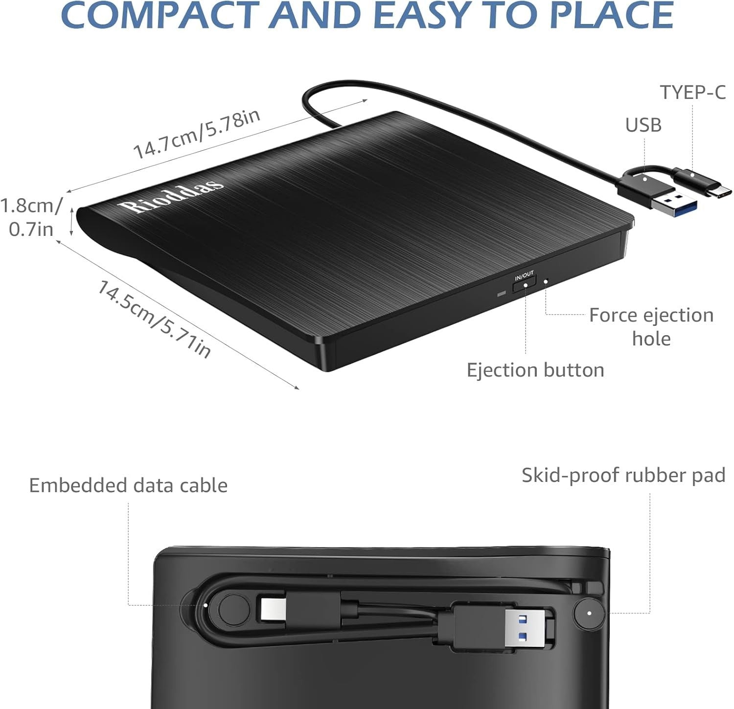Rioddas External DVD Drive USB 3.0 Type C Portable CD DVD RW Burner Reader