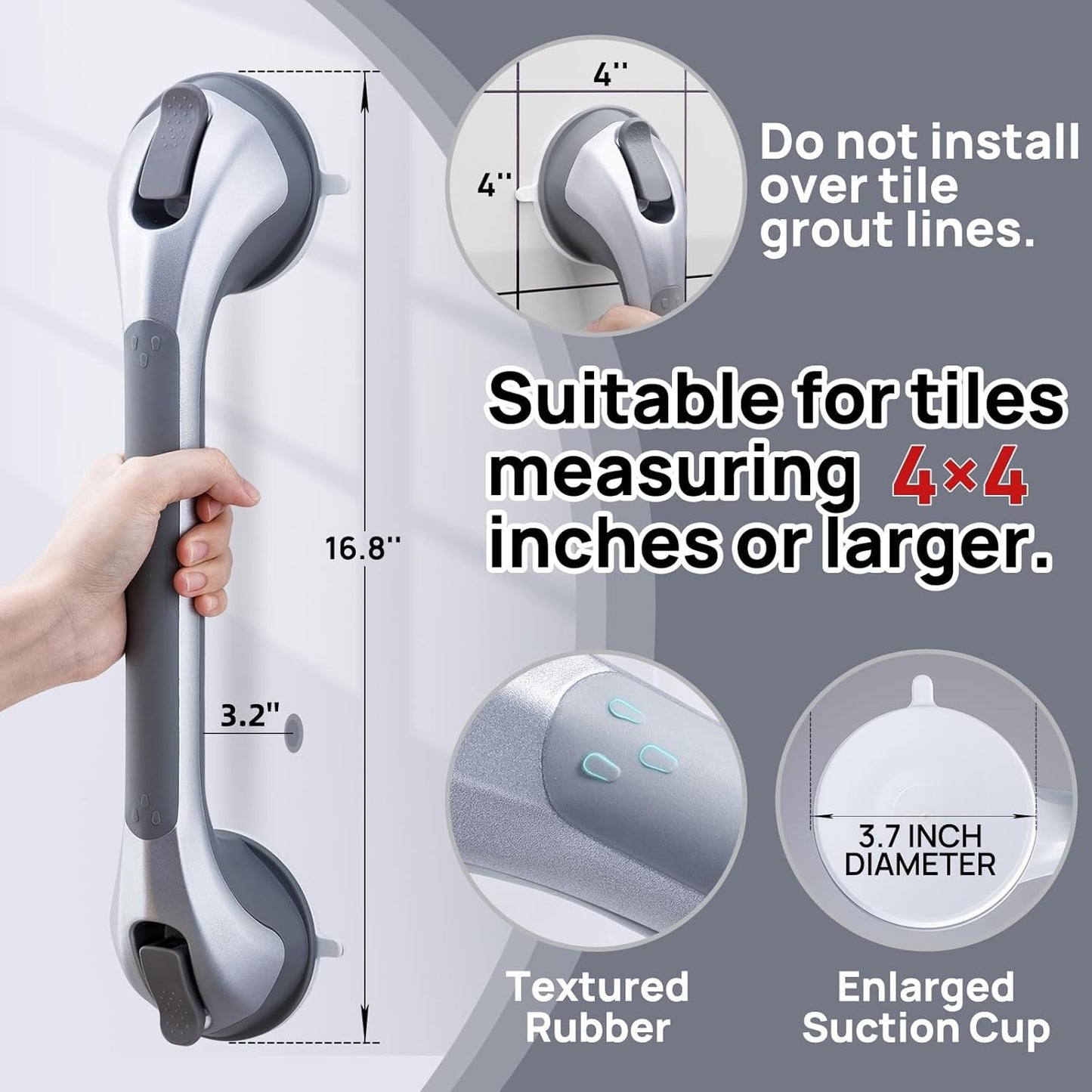  Shower Grab Bars 2 Pack, Suction Grab Bar Easy to Install 16.8” 2 Set Silver