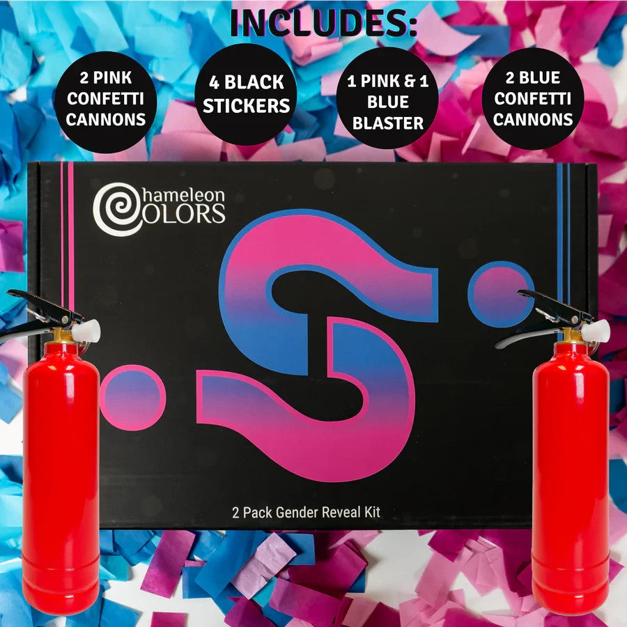 Gender Reveal Confetti Cannons & Extinguishers 2 Pink 2 Blue Set Party Baby
