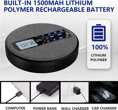 M-Amazup Portable CD Player Rechargeable Dual Speakers Anti-Skip LCD Black