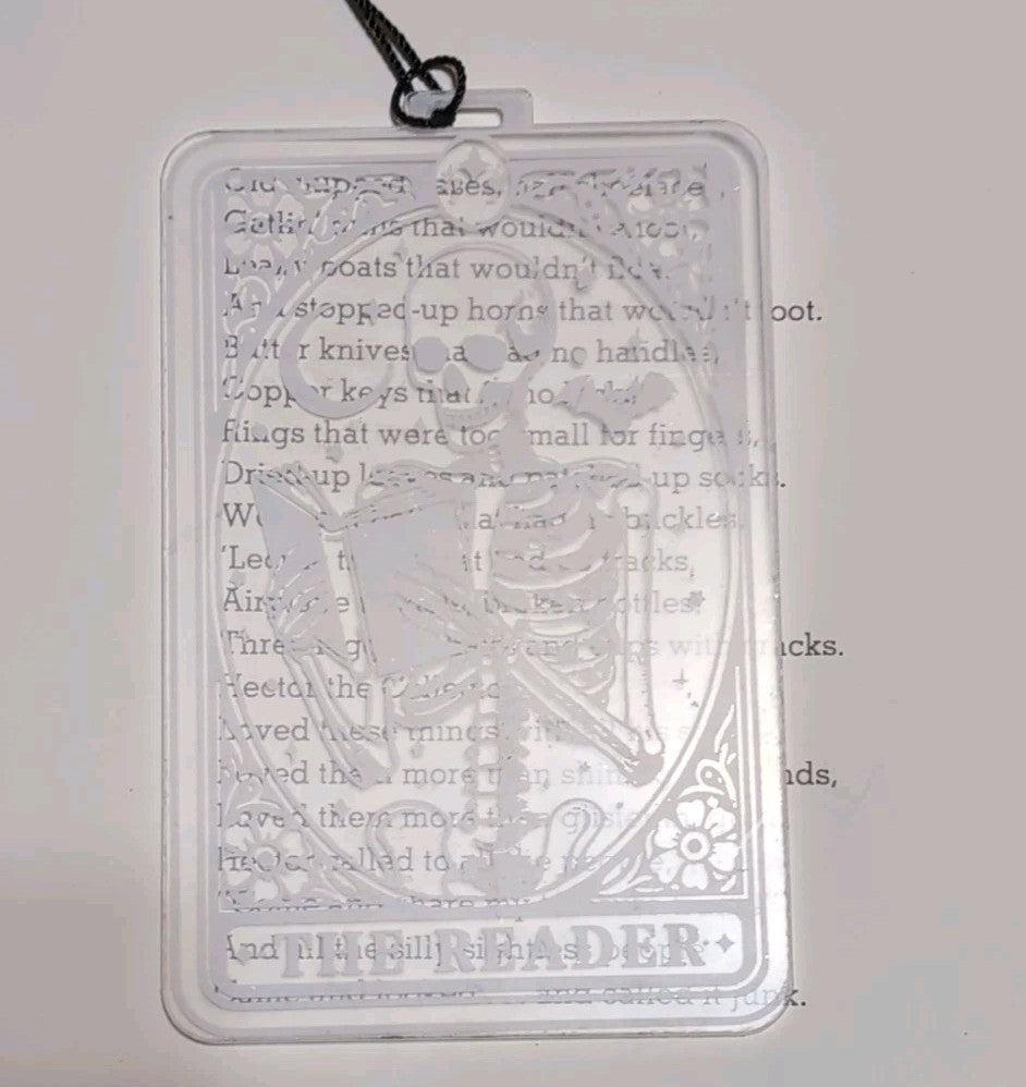 The Reader - Skeleton Tarot Card Bookmark with Tassel -Acrylic Gothic Book Acc..