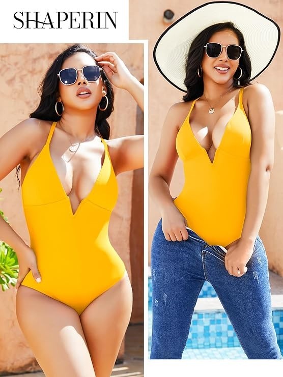 One Piece Deep V Neck Spaghetti Strap Push Up Swim Monokini Plus Size Yellow XL