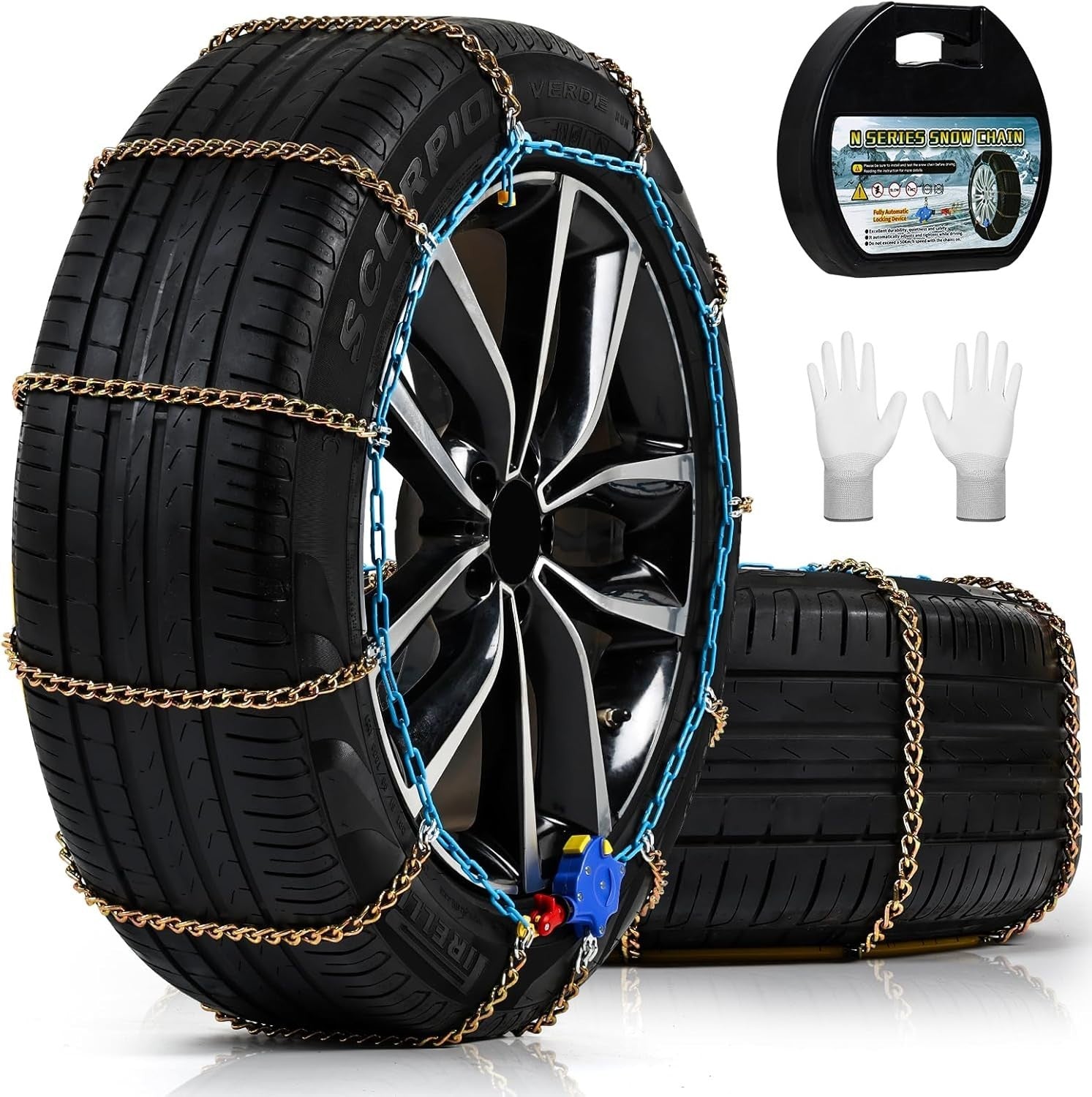 Auto Tightening Snow Tire Chains 1-Min Quick Fit Emergency Traction Set of 2