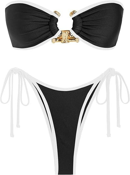 Metal Ring Bandeau Bikini Set w/ Ties, High Cut 2 Piece Swimsuit Set Small Black