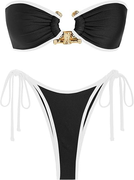 Metal Ring Bandeau Bikini Set w/ Ties, High Cut 2 Piece Swimsuit Set Small Black