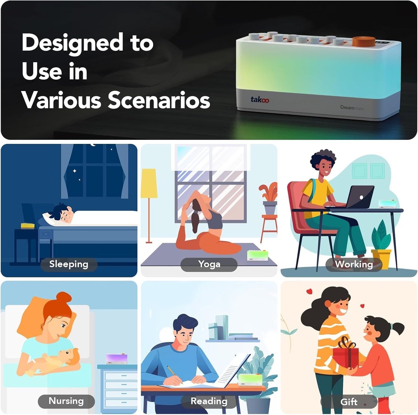 TAKOO 3-in-1 Sleep Sound Machine Bluetooth Speaker Night Light 12 Colors White