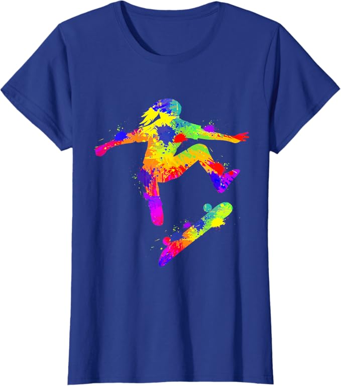 Neon Splash Skater Girl T-Shirt – Color Burst Skateboarding Tee for Girls