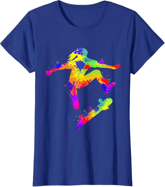 Neon Splash Skater Girl T-Shirt – Color Burst Skateboarding Tee for Girls